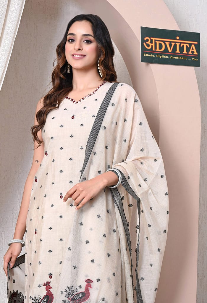 Advita Cream Jamdani Cotton 3-Piece Salwar Suit for Women