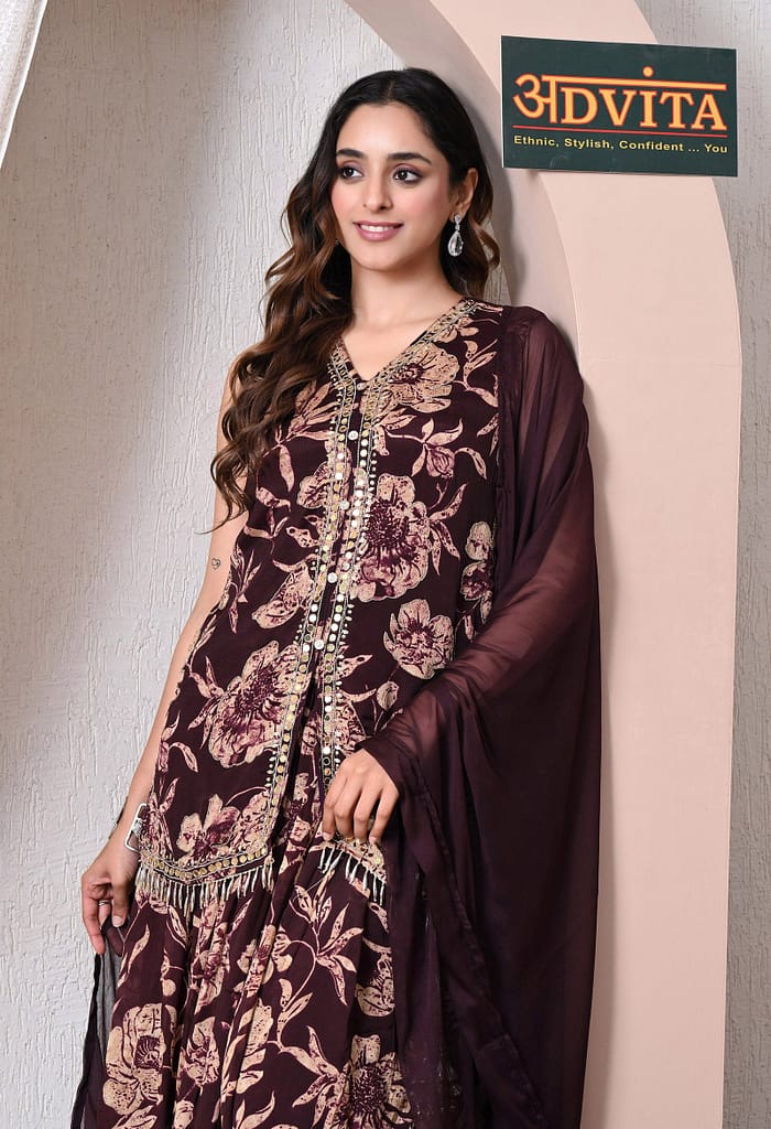Advita Maroon Chinon Floral Print Kurti Skirt Set with Dupatta for Women