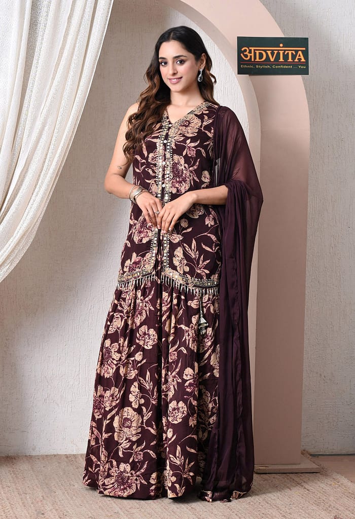 Advita Maroon Chinon Floral Print Kurti Skirt Set with Dupatta for Women