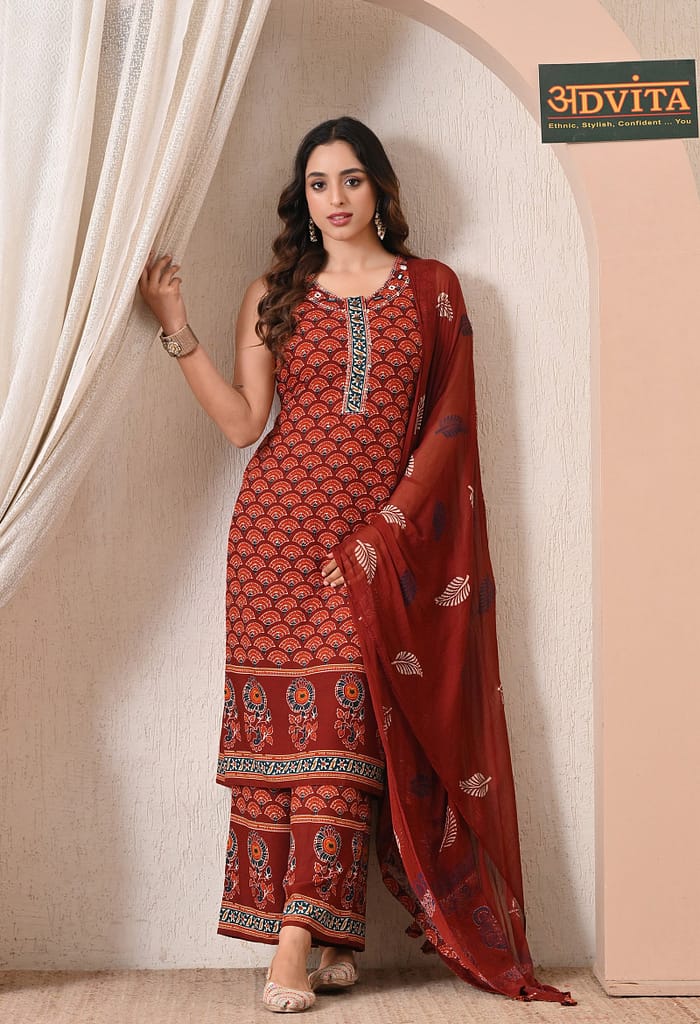 Advita Maroon Fan Print Rayon Cotton 3-Piece Palazzo Suit for Women