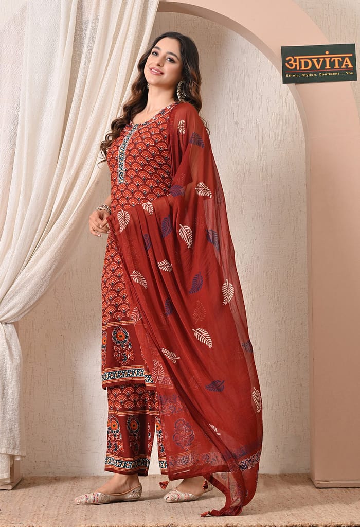 Advita Maroon Fan Print Rayon Cotton 3-Piece Palazzo Suit for Women