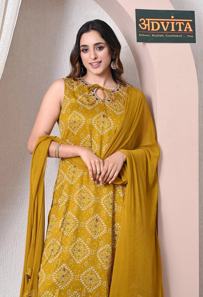 Advita Mustard Bandhani Print Gaji Silk 3-Piece Suit for Women