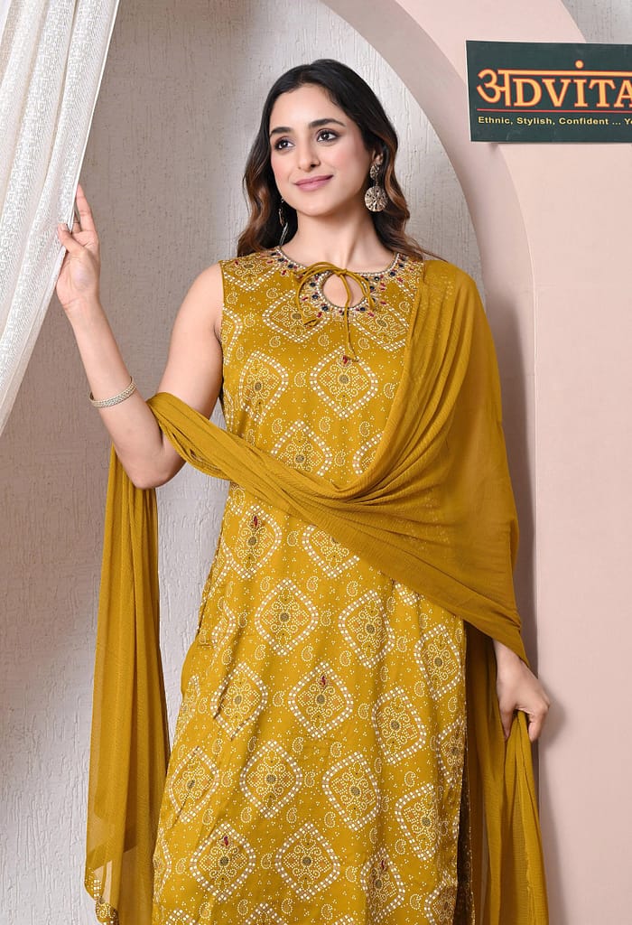Advita Mustard Bandhani Print Gaji Silk 3-Piece Suit for Women