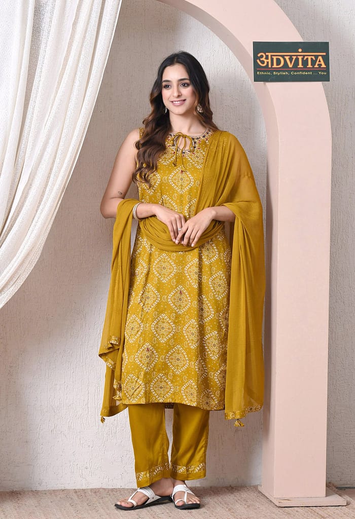 Advita Mustard Bandhani Print Gaji Silk 3-Piece Suit for Women
