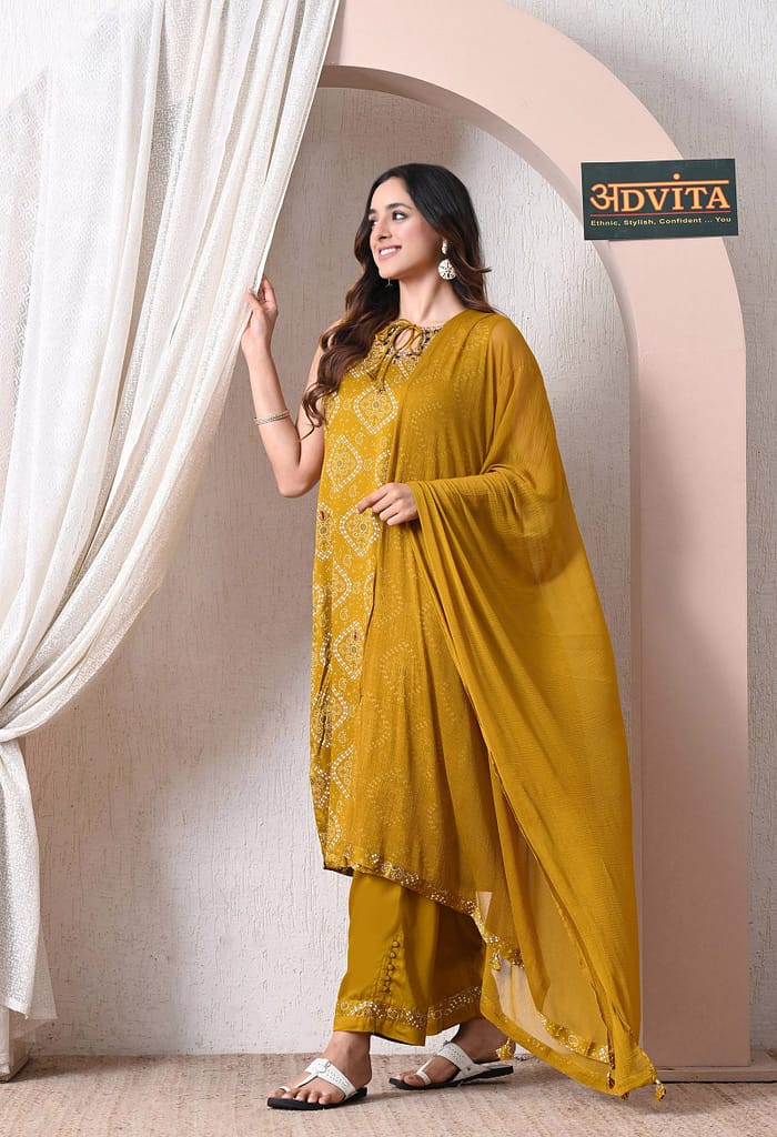 Advita Mustard Bandhani Print Gaji Silk 3-Piece Suit for Women