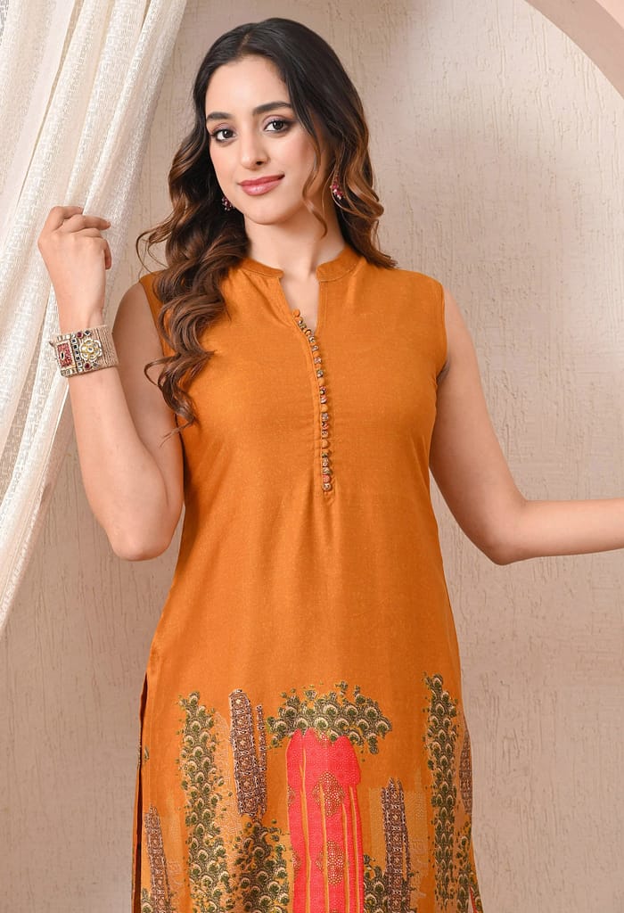 Advita Mustard Gaji Silk Plain Kurta Set with Printed Palazzo for Women