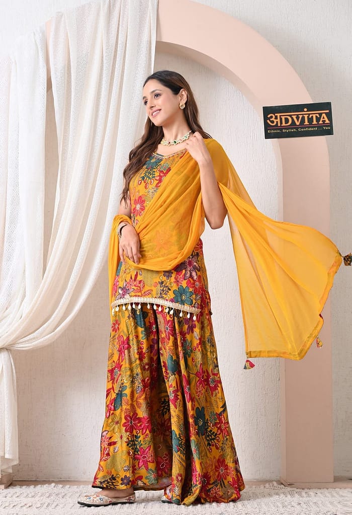 Advita Mustard Yellow Party Wear Sharara Suit with Dupatta for Women