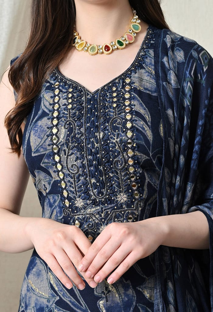 Advita Navy Blue Batik Leaf Print Rayon Cotton Suit for Women