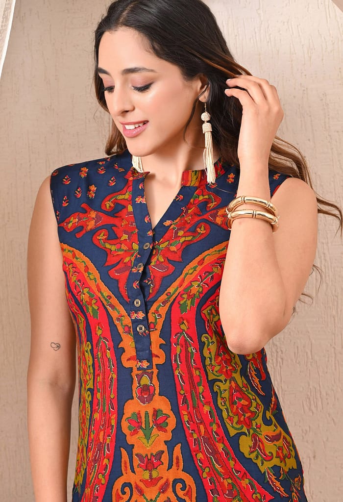 Advita Navy Blue Kalamkari Print Rayon Cotton Kurta Set for Women