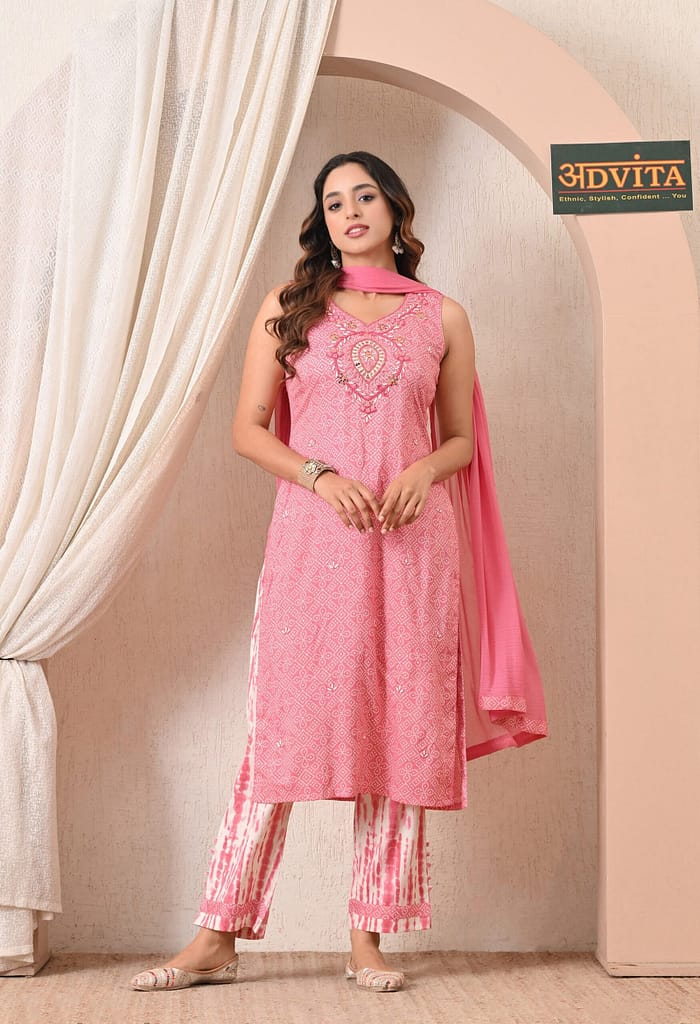 Advita Pink Bandhani Print Rayon Cotton Suit for Women