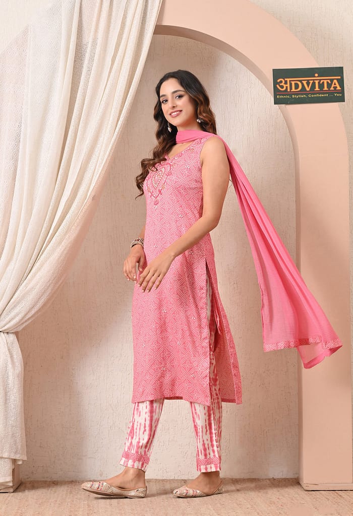 Advita Pink Bandhani Print Rayon Cotton Suit for Women