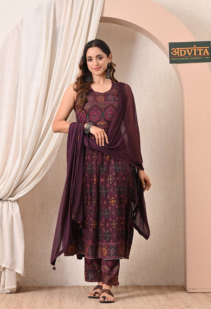 Advita Bandhani Mandala Print Rayon Cotton Frock Suit for Women