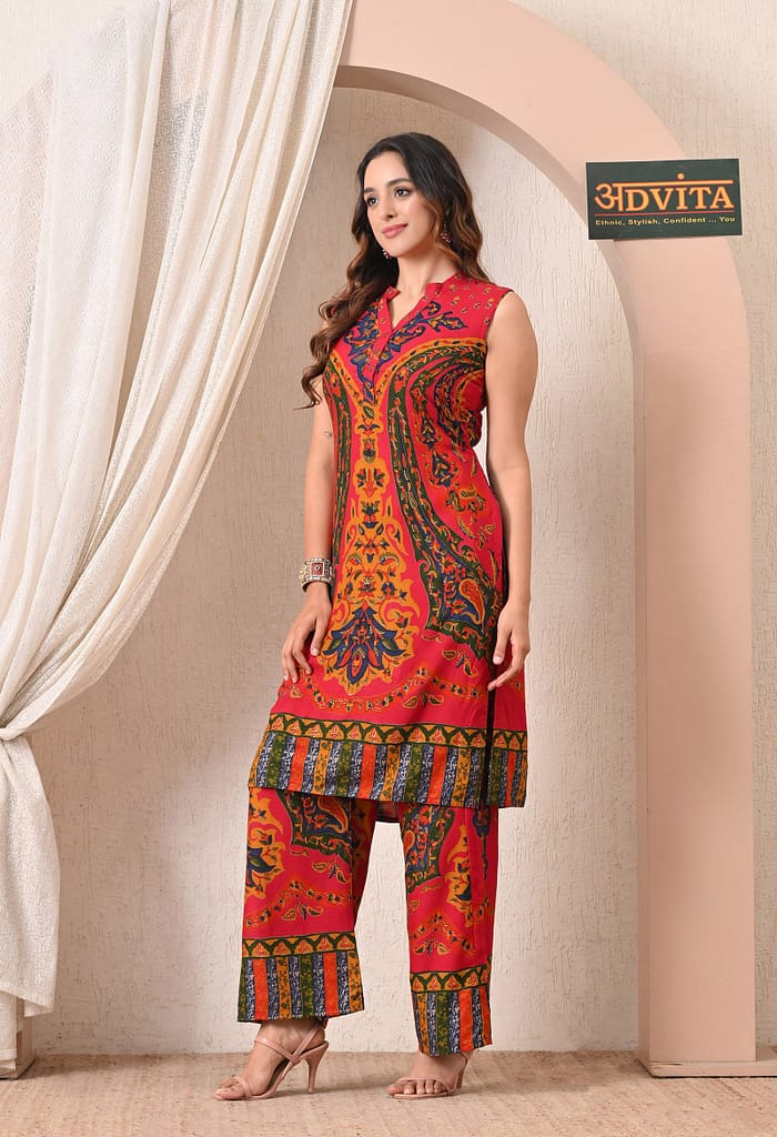 Advita Red Kalamkari Print Rayon Cotton Kurta Set for Women