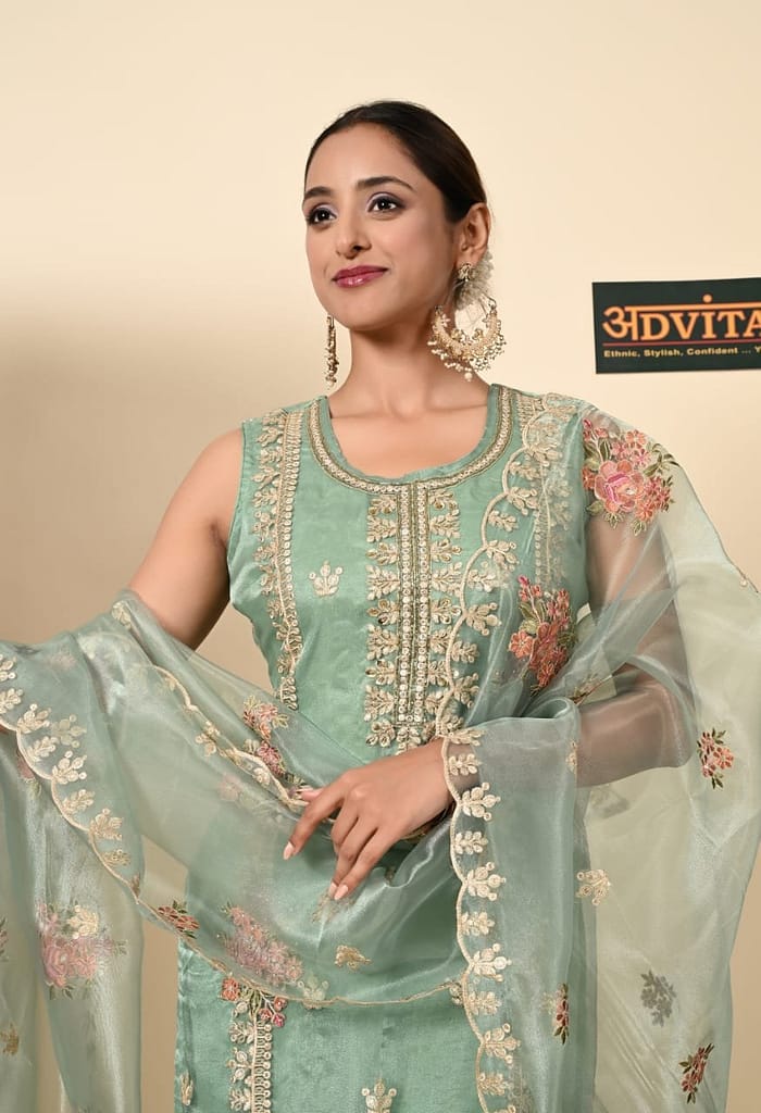 Advita Festive 3-Piece Suit for Women in Gajri Pink and Pista Green