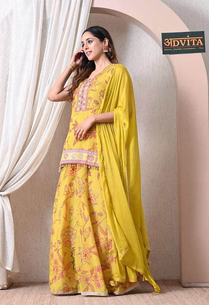 Advita Yellow Chinon Floral Print Kurti Skirt Set with Dupatta for Women
