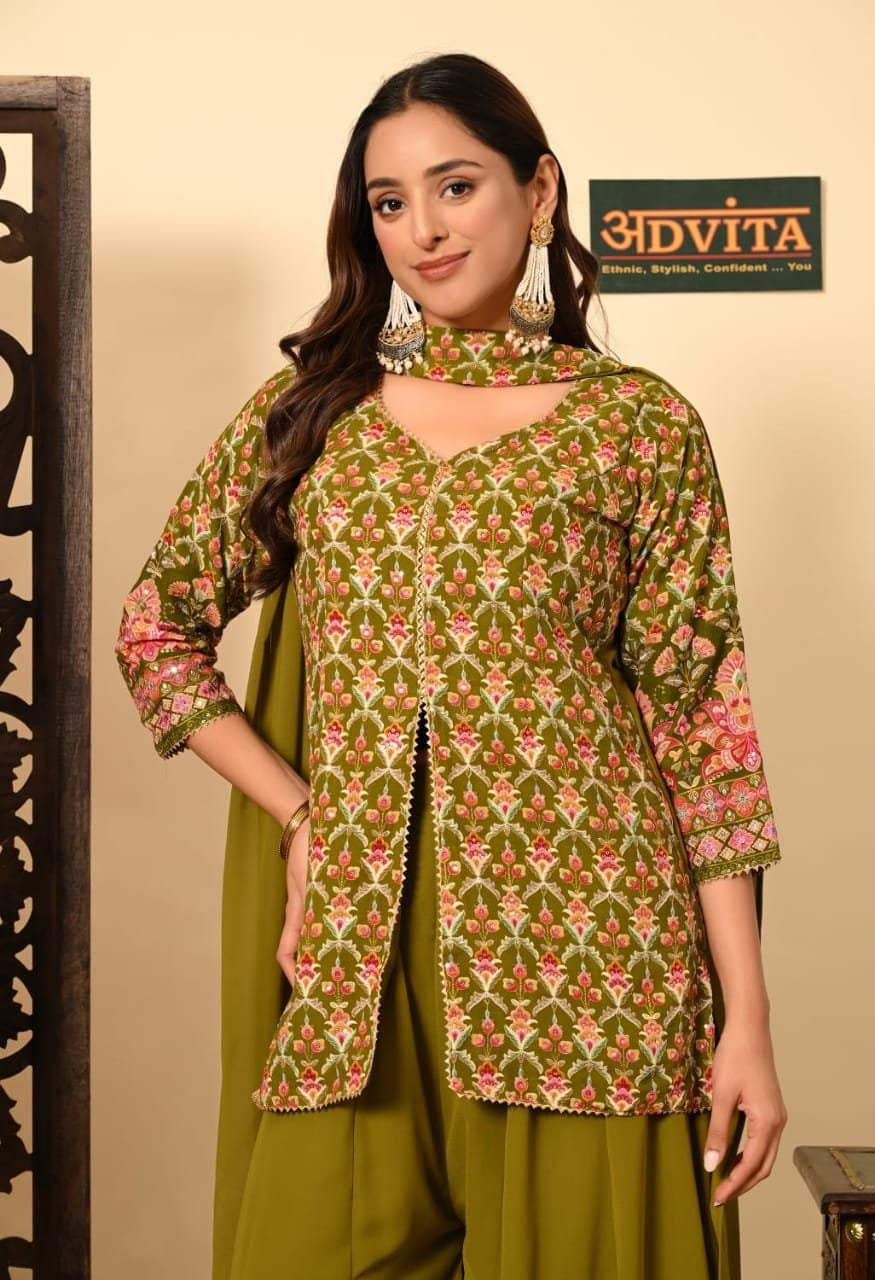 Advita Mehndi Green Kurti Sharara Dupatta Set for Women