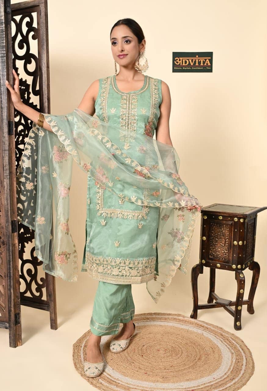 Advita Festive 3-Piece Suit for Women in Gajri Pink and Pista Green